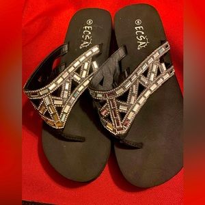 Esca Women's Size 8 flip flops, bling bejeweled - black and silver